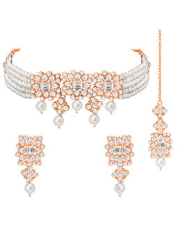 Peora - Rose Gold Plated Kundan and Beads Studded Jewellery Set