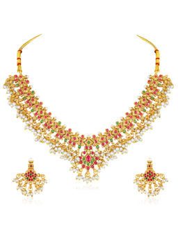 Peora - Gold Plated Faux Ruby Emerald and Lariya Studded Short Jewellery Set