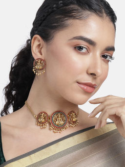 Peora - Multi-Color Traditional Red Green Stones Studded Choker Jewellery Set