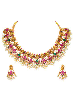 Peora - Multi-Color Traditional Red Green Stone and Beads Studded Jewellery Set