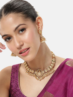 Peora - Gold Plated Faux Ruby Emerald and Beads Studded Jewellery Set