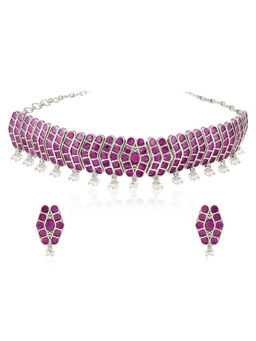 Peora - Purple Silver Plated Faux Ruby and Lariya Studded Jewellery Set