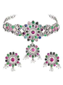 Peora - Multi-Color Oxidized Silver Crystals Studded Ethnic Jewellery Set