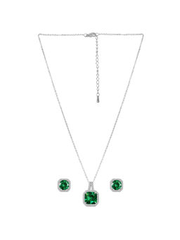 Peora - Silver Plated Faux Emerald Studded Green Pendant Chain Jewellery Set