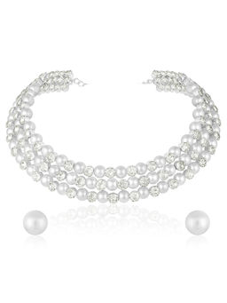 Peora - Silver Plated Pearl and Crystal Studded Choker Jewellery Set