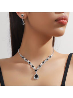 Peora - Silver Plated Cubic Zirconia and Black Crystal Jewellery Set