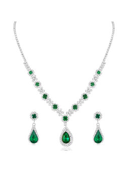 Peora - Silver Plated Green Crystals Studded Pendant Style Jewellery Set