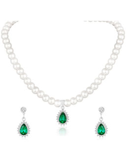 Peora - Silver Plated Pearl and Green Crystal Studded Jewellery Set