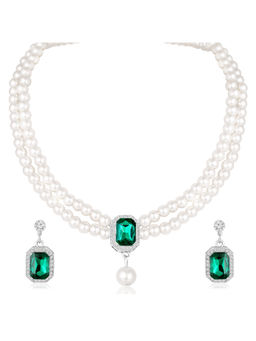 Peora - Silver Plated Pearl and Green Crystal Studded Two Layer Jewellery Set
