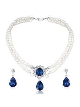 Peora - Silver Plated Pearl and Blue Crystal Studded Two Layer Jewellery Set