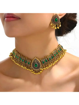 Peora - Antique Gold Plated Green Stone Studded Temple Style Jewellery Set