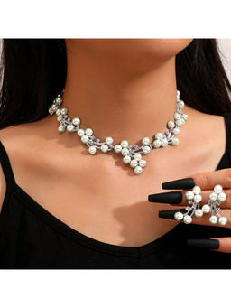 Peora - Silver Plated Crystal and White Pearl Studded Jewellery Set