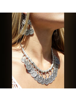 Peora - Silver Plated Stylish Coin Tassel Shape Jewellery Set