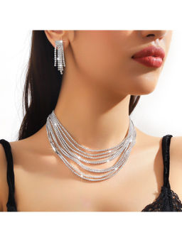 Peora - Silver Plated CZ Studded Multi-layered Jewellery Set