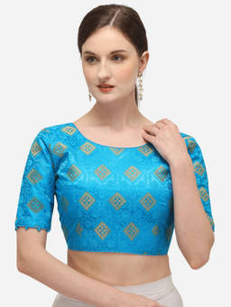 Amrutam Fab - Womens Jacquard Light Blue Stiched Blouse With Round Neck