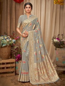 Sangam Prints - Grey Cotton Woven Zari Work Traditional Tassel Saree with Unstitched Blouse