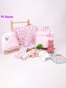 Moms Home - New Born Clothes Baby Gift Hamper For Girls Pink (Set of 14)