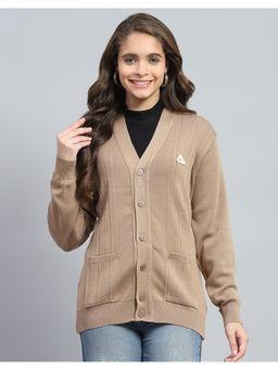 Monte Carlo - Khaki Self Design V Neck Full Sleeve Cardigan
