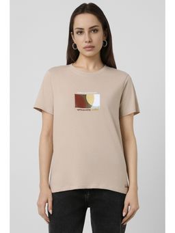 Van Heusen - Women Beige Cotton Blend Round Neck T-Shirt