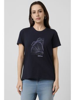 Van Heusen - Women Navy Blue Cotton Round Neck T-Shirt