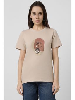 Van Heusen - Women Beige Cotton Round Neck T-Shirt