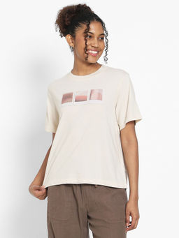 American Eagle - Women Cream Cotton Round Neck T-Shirt