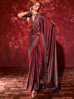 Akhilam - Womens Satin Maroon Digital Print Designer Saree with Unstitched Blouse