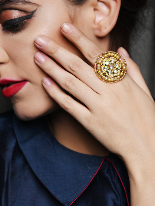 Odette Pearl Kundan Adjustable Finger Ring