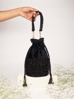 House Of Kosha - Zaria Black Suede Crystal Embellished Bucket Bag