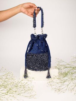 House Of Kosha - Zaria Navy Blue Suede Crystal Embellished Bucket Bag
