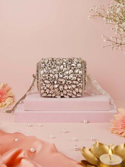 House Of Kosha - Mia Silver Georgette Embellished Mini Clutch
