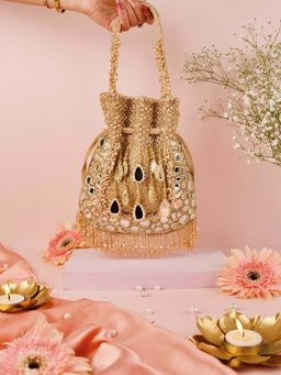 House Of Kosha - Tarah Gold Suede Mirror Embellished Potli