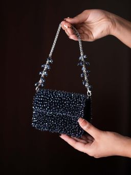 House Of Kosha - Kiyara Navy Blue Suede Crystal Embellished Clutch