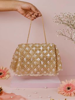 House Of Kosha - Grace Gold Suede Embellished Clutch