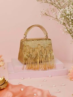 House Of Kosha - Bushra Gold Suede Handcrafted Clutch