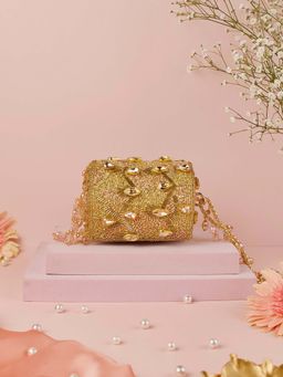 House Of Kosha - Rania Gold and Pink Georgette Embellished Cylinder Clutch