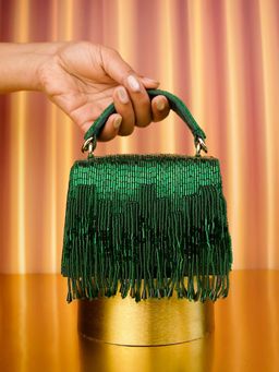 House Of Kosha - Bushra Green Suede Handcrafted Clutch