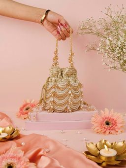 House Of Kosha - Gulzar Gold and Silver Georgette Embellished Bucket Bag