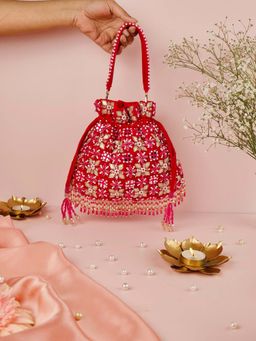 House Of Kosha - Rida Magenta Suede Gota Mirror Embellished Potli