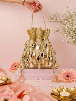 House Of Kosha - Noorah Gold Georgette Mirror Handcrafted Potli