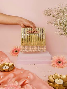House Of Kosha - Ayla Gold and Silver Suede Embellished Clutch