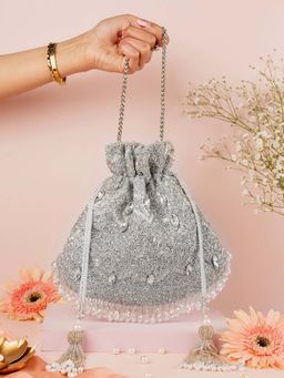 House Of Kosha - Sunheri Silver Georgette Embellished Potli