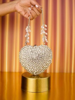 House Of Kosha - Lola Silver Suede Embellished Clutch