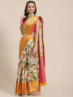 Silk Land - Banarasi Art Silk Floral Printed Saree with Unstitched Blouse Piece White with Unstitched