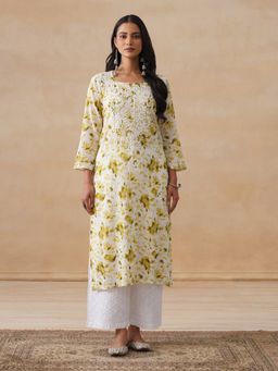 House of Chikankari - Mulmul Chikankari Olive Print Women's Long Kurta