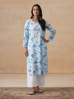 House of Chikankari - Mulmul Chikankari Blue Print Women's Long Kurta