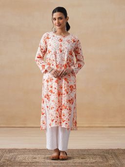 House of Chikankari - Mulmul Chikankari Orange Print Women's Long Kurta