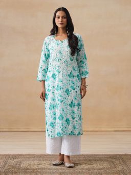 House of Chikankari - Mulmul Chikankari Green Print Women's Long Kurta