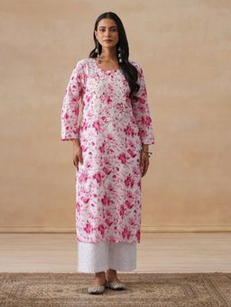 House of Chikankari - Mulmul Chikankari Pink Print Women's Long Kurta