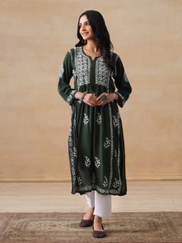 House of Chikankari - Modal Chikankari Women's Long Kurta - Dark Green